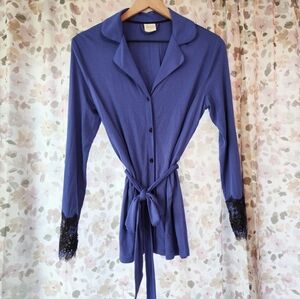 Soma Small Sleep PJ Top With Tie Jewel Blue Black Lace Notch Collar New w/o Tags
